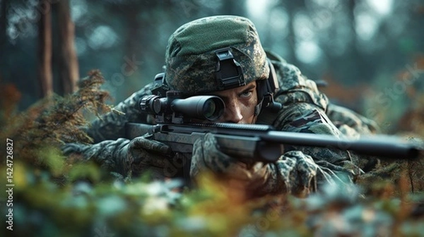 Fototapeta Soldier in camouflage, aiming with sniper rifle