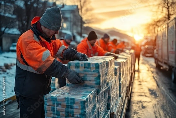 Obraz Loading Boxes During Sunset Winter Logistics