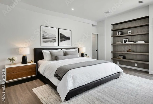 Obraz A bedroom with a large bed and a book shelf.