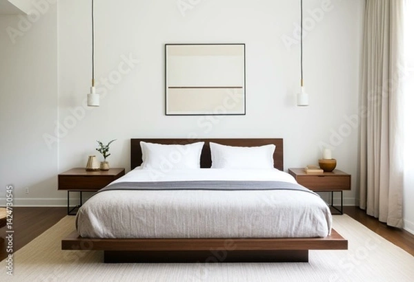 Fototapeta A bedroom with a bed, nightstand and lamp.