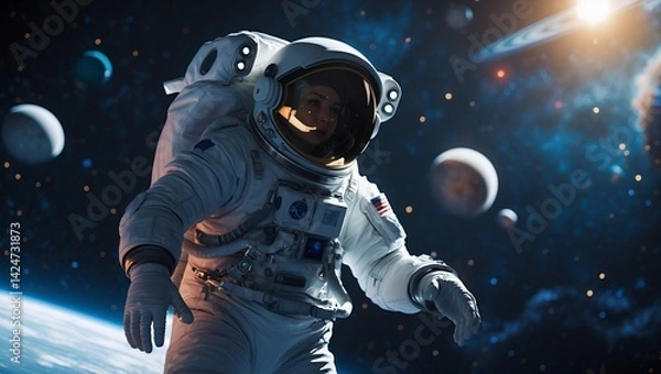 Fototapeta Astronaut journeying through the mysteries of deep space