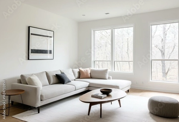 Obraz A living room filled with furniture and a large window.