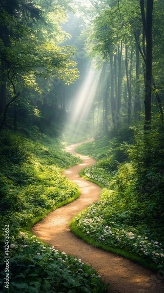 Fototapeta Sunlit path winding through a lush forest