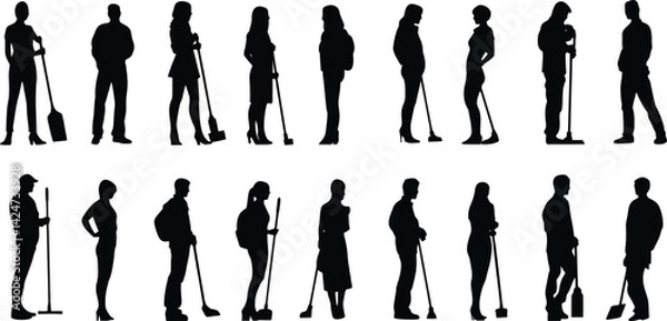 Fototapeta Various silhouettes of individuals engaged in cleaning activities with vacuum mops at different locations