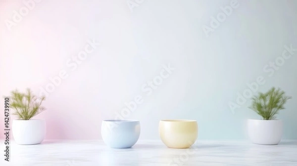 Fototapeta Three potted plants in pastel-colored pots arranged on a white surface against a soft gradient background, and minimalist and serene indoor decor concept.