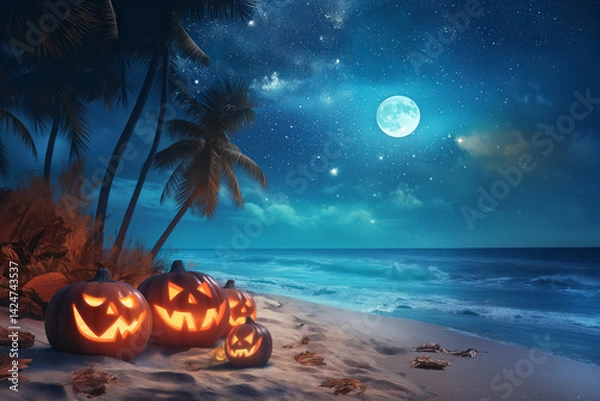 Obraz Glowing jack-o'-lanterns on sandy beach under bright moon and stars. Halloween fantasy beach.  

