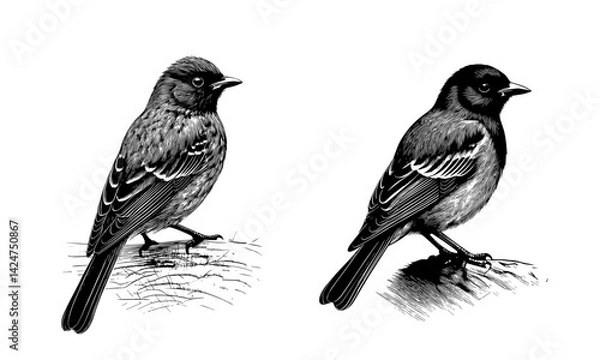 Obraz Pássaros detalhados em xilogravura com estética de arte popular brasileira