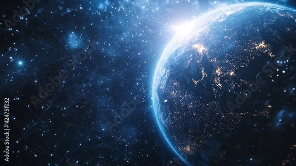 Fototapeta Earth Illuminated by City Lights and Connected by a Network of Lines