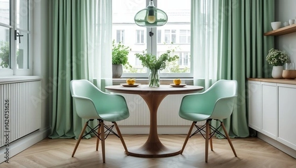 Obraz Mint green chairs at a cozy scandinavian dining table