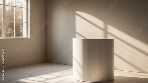 Fototapeta White cylinder podium in sunlit room with window shadow