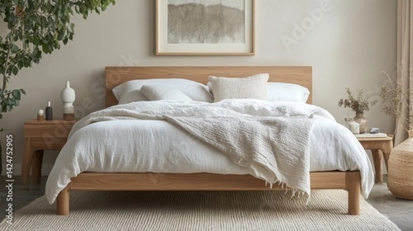 Obraz Bedroom with white linens, natural wood bed frame, and a single framed art piece above the headboard