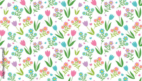 Fototapeta Colorful Spring seamless pattern with Tulips and other flowers. Spring wrapping paper with flowers and ditsy hearts in cartoon flat style.