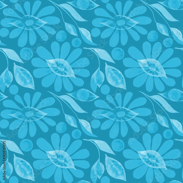 Fototapeta Blue Retro Floral Pattern, Abstract Teal Flower Art, Mod Blue Bloom Design, Stylized Aqua Flowers, Groovy Blue Botanical