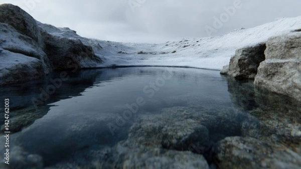 Fototapeta Frozen glacial pool nestled amidst snow-capped rocks