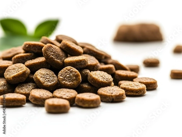 Obraz A close-up shot shows a pile of delicious brown pet food kibble with green leaves in the background on a white surface.