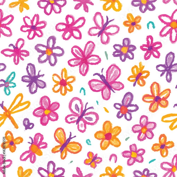 Fototapeta seamless vibrant hand drawn floral and butterfly doodle pattern in crayon pastel style, bright and playful nature illustration