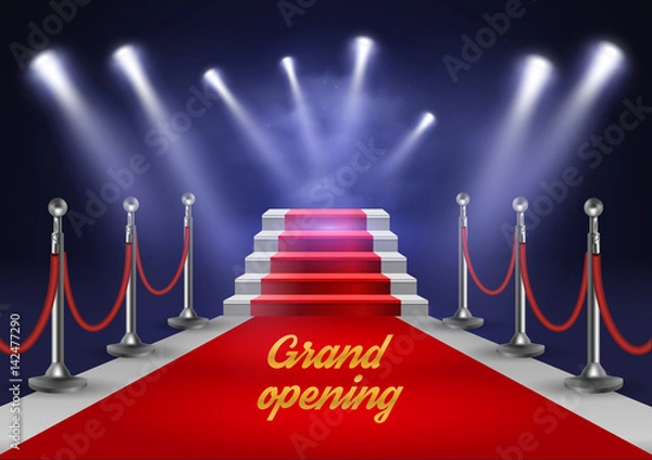 Fototapeta White stairs covered with red carpet and illuminated by spotlight realistic vector illustration