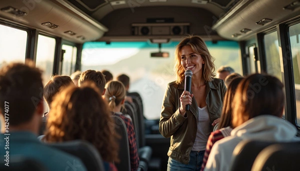 Fototapeta Tour guide speaking enthusiastically to audience on bus interior
