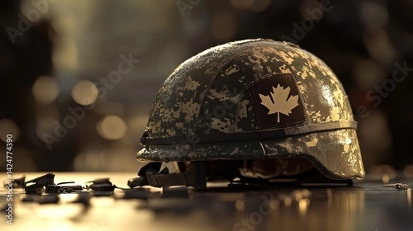 Obraz Military helmet, Canadian flag patch, somber