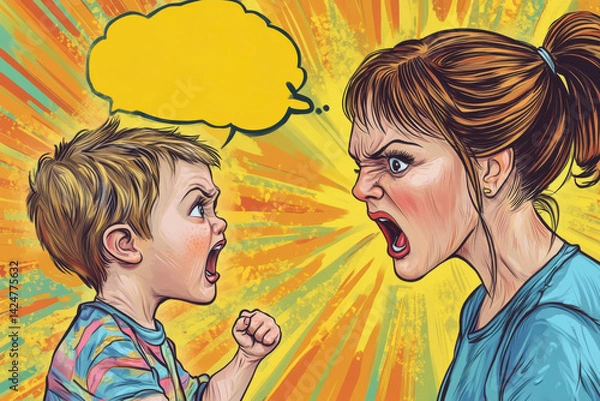 Fototapeta Child and parent argue with intense emotions in a colorful comic-style illustration