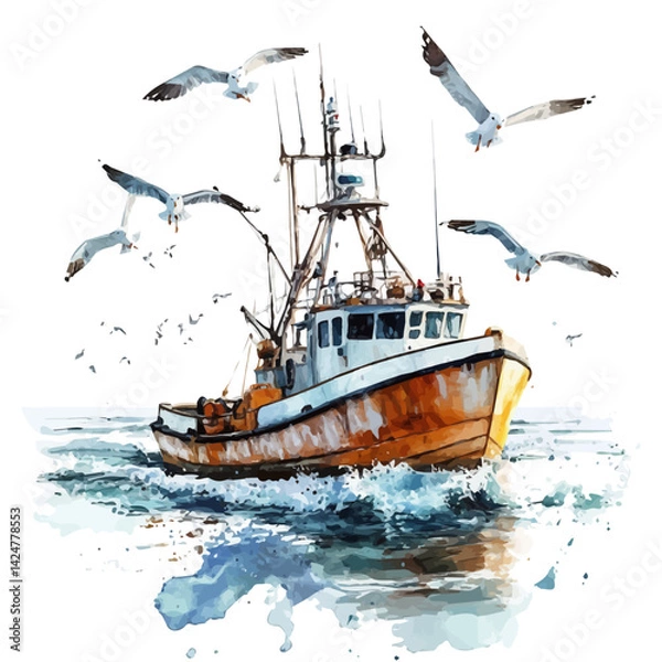 Obraz Seagulls circling a fishing boat at dawn, watercolor illustration, isolated on a white background.

