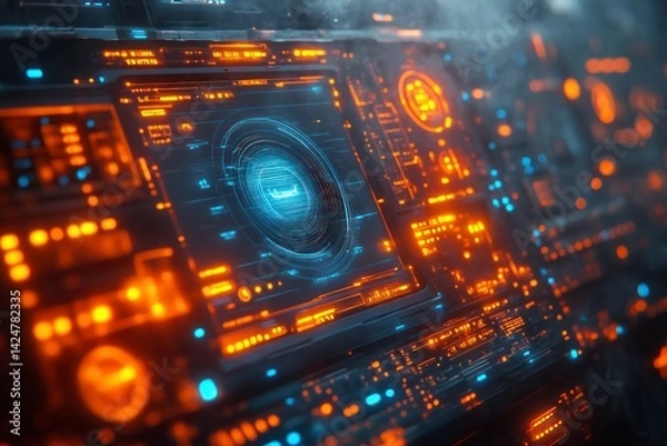 Fototapeta Futuristic Circuit Board with Glowing Lights and Advanced Technology Design