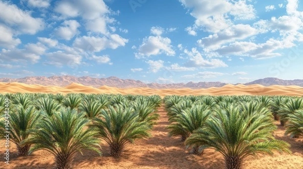 Fototapeta Lush date palm grove in a desert landscape.  Sunlight illuminates a vibrant oasis