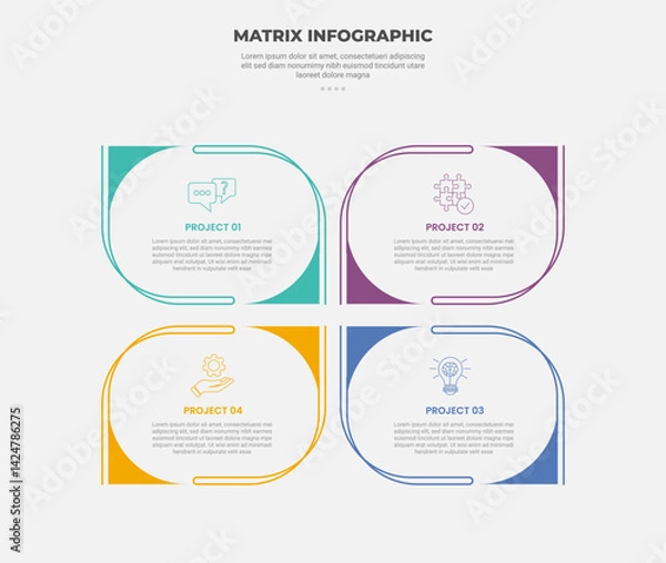 Fototapeta matrix grid structure infographic outline style with 4 point template with creative round shape with leaf shape for slide presentation vector