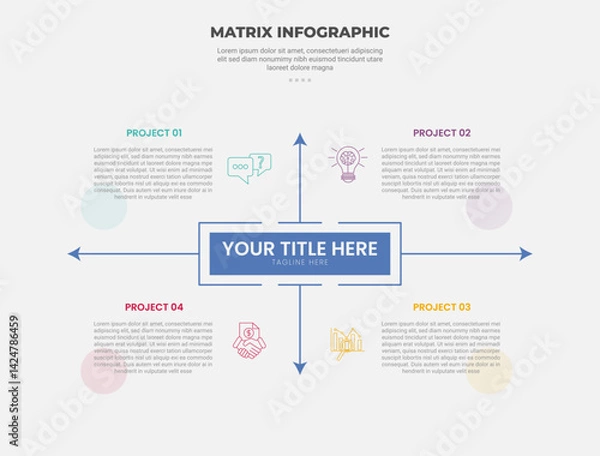 Fototapeta matrix grid structure infographic outline style with 4 point template with sharp rectangle container box with arrow spreading direction for slide presentation