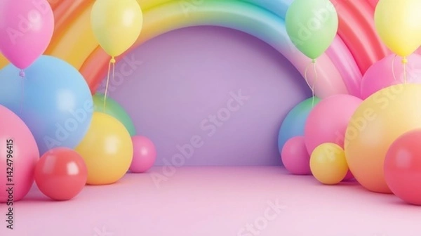 Obraz Colorful 3D rainbow background with vibrant balloons floating — perfect for party invitations, kids’ events, pride celebrations, and joyful creative design projects