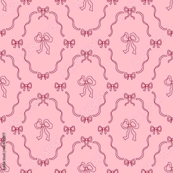 Fototapeta Elegant ribbon bow frame seamless pattern. Delicate girly print for fabric, paper, textile. Hand drawn vector illustration.