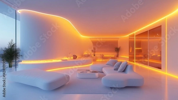 Obraz Futuristic Living Room with Orange LED Lighting and Ocean View