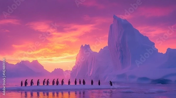 Obraz Majestic Penguins at Sunset in Antarctica: A breathtaking view of Emperor penguins silhouetted 