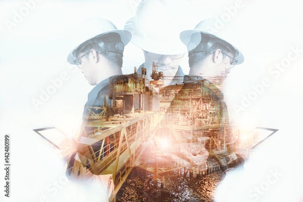 Fototapeta Double exposure of Engineer or Technician man with safety helmet operated platform or plant by using tablet with offshore oil and gas platform background for oil and gas business concept