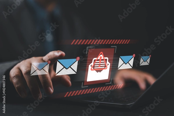 Fototapeta Spam email alert danger concept. Businessman typing on laptop receives scam notification, illustrating cybersecurity risk and data breach threat in modern digital workspace.