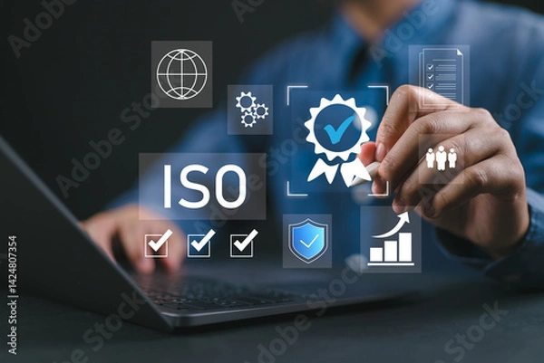 Obraz ISO certification and quality management concept. Businessman reviewing ISO certification standards with digital icons representing quality control, management, and compliance processes.