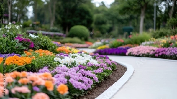 Fototapeta Colorful flowerbeds along a winding path in a lush garden