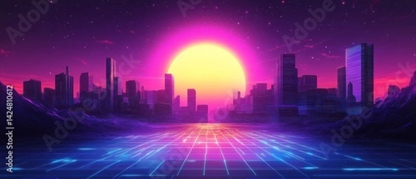 Fototapeta Retro Futuristic Cityscape at Sunset: A Digital Art Masterpiece
