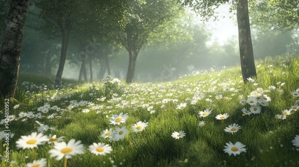 Obraz Serene Daisy Field in Misty Forest: A digital artwork depicting