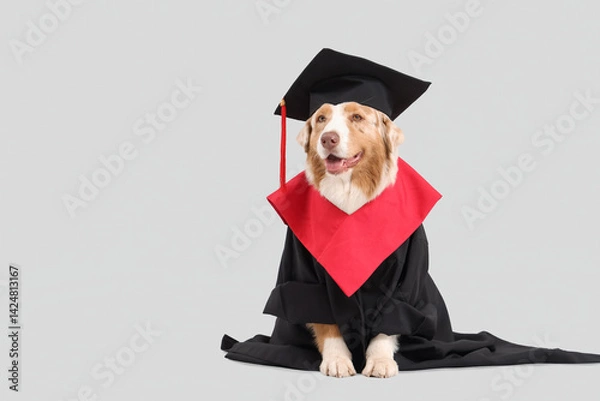 Obraz Cute Australian Shepherd dog in mortar board and graduation gown on grey background