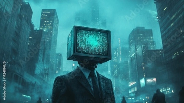 Obraz Cyberpunk Cityscape: Man with TV Head