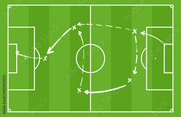 Fototapeta Soccer field scheme tactic board. Play plan with coach arrows and line sketch. Flat vector illustration isolated