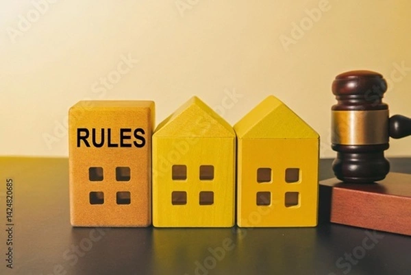 Obraz Wooden blocks representing houses and a "RULES" block beside a judge's gavel, symbolizing housing regulations, legal compliance, and real estate law.