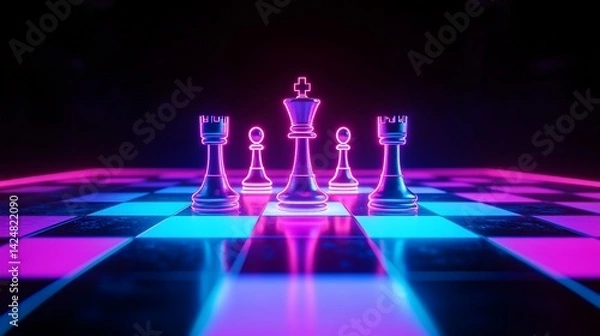 Fototapeta Neon Chess Game Board with Illuminated Pieces, Strategic Battle