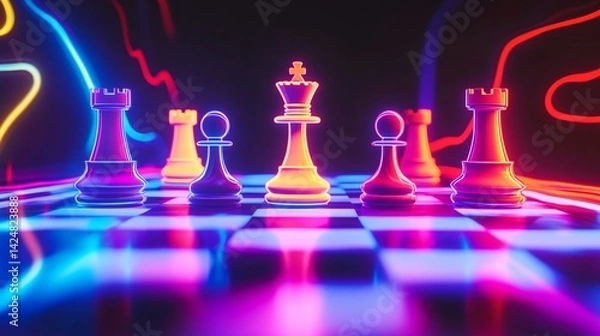 Fototapeta Neon chess game with glowing pieces and board creating a modern and futuristic feel in a dark ambience