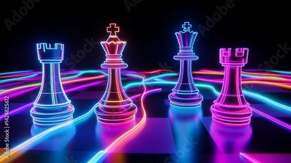 Fototapeta Neon Chess Game Pieces on a Dark Board, King and Rook Strategy, Artificial Intelligence Theme