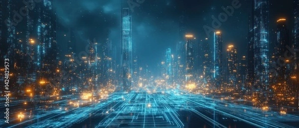 Obraz Futuristic Cityscape: A Digital Metropolis at Night