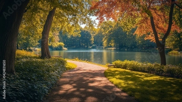 Obraz Serene Autumnal Park: Picturesque Pathway Beside a Tranquil Lake