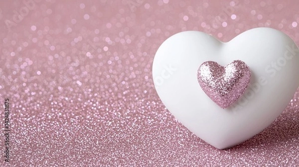 Fototapeta A delicate white heart, accented by a smaller pink glittery heart, sits on a bed of soft pink glitter