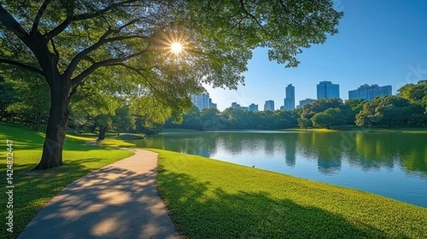 Obraz Serene Urban Oasis: Lakeside Park Path with City Skyline